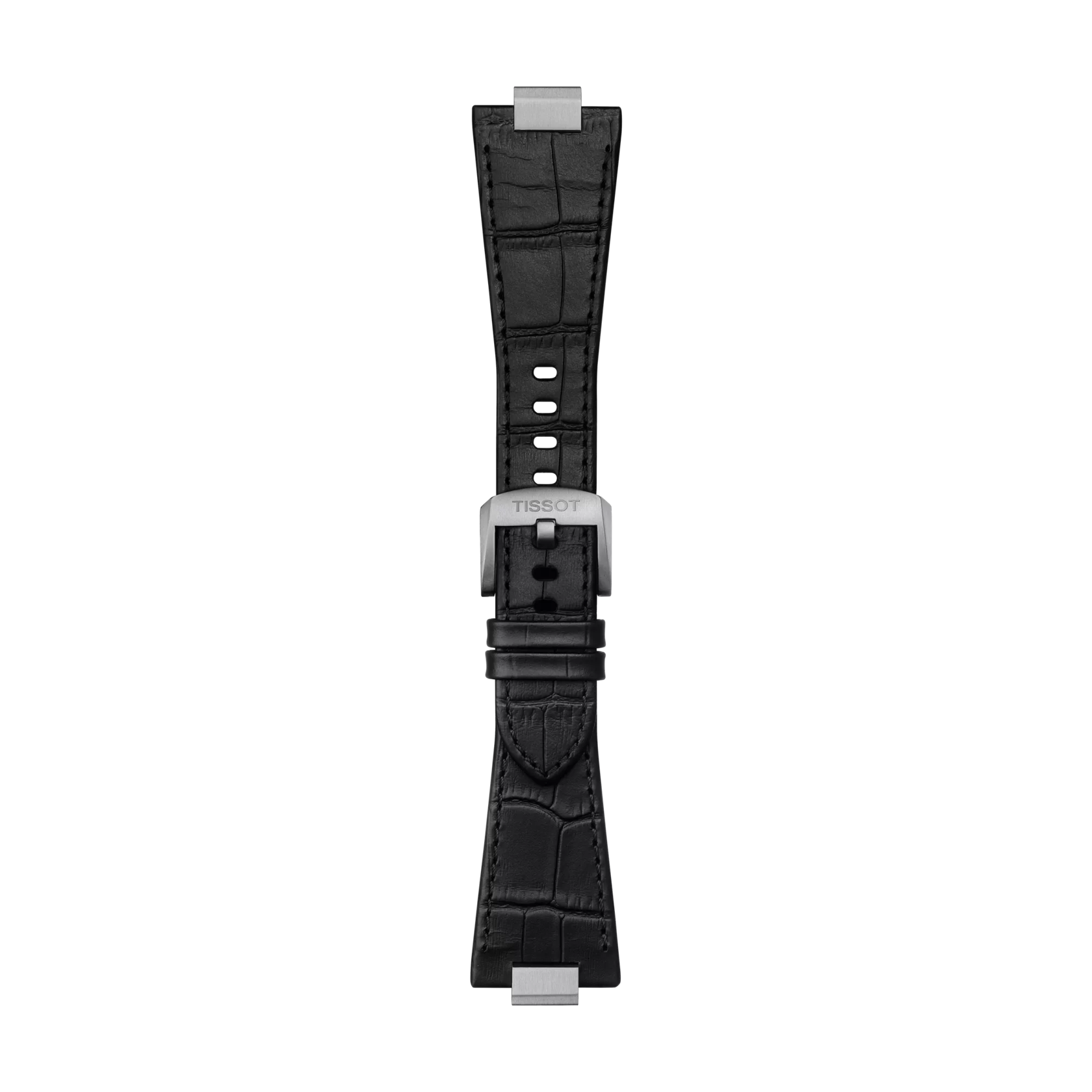 Front view of Tissot originele zwart leren band met stalen slot