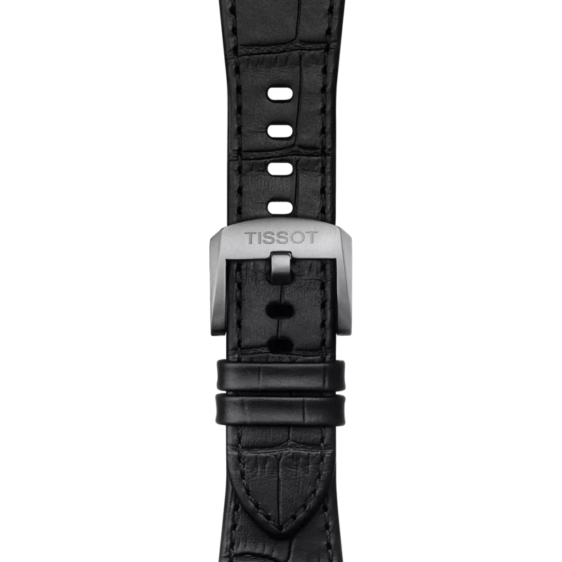 Front view of Tissot originele zwart leren band met stalen slot